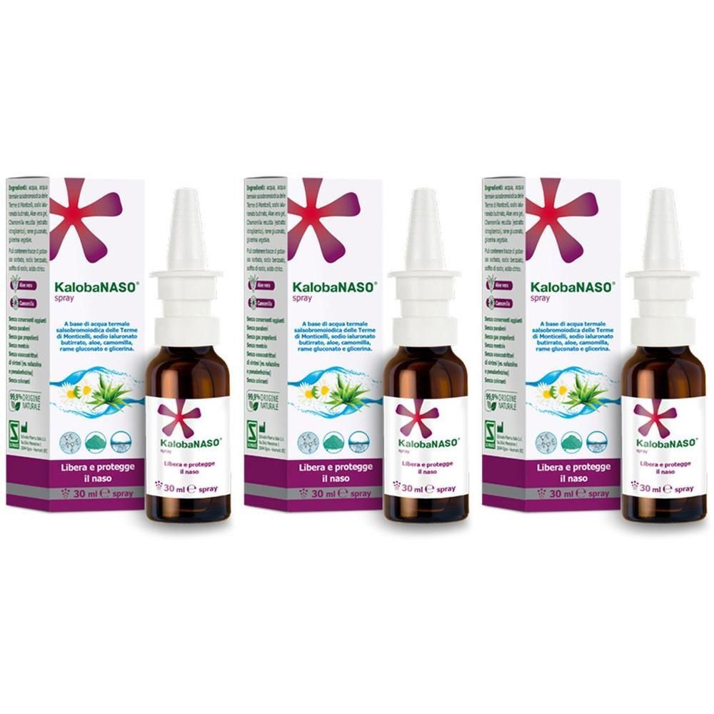 Tre flaconi di spray nasale con confezione. Flaconi in vetro marrone con erogatore spray bianco.