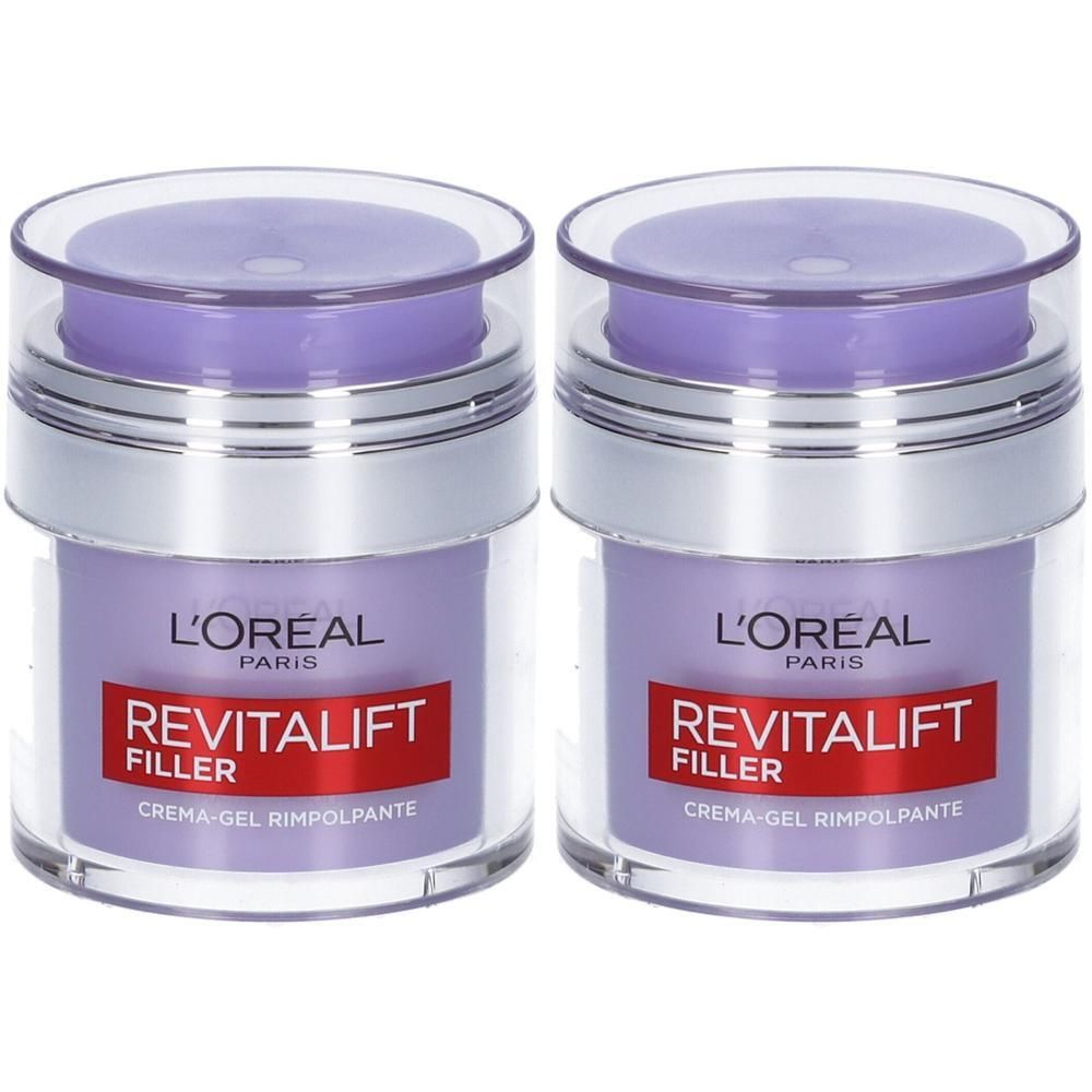 Due vasetti di crema L'Oréal Revitalift Filler, contenuto lilla, anelli argentati.