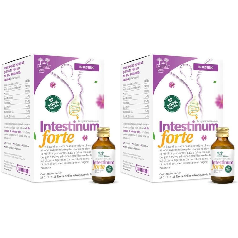 Due confezioni e flaconcini di Intestinum Forte Salugea, integratore per l'intestino.
