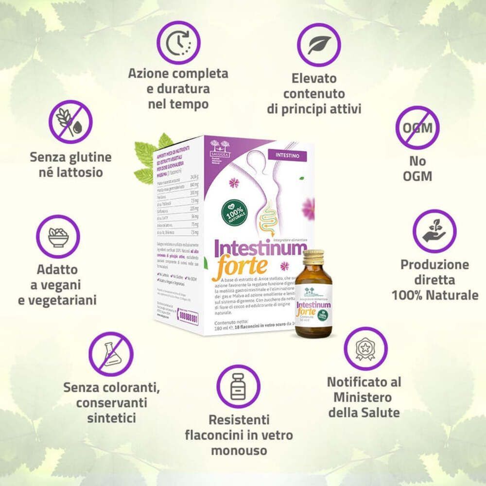 Intestinum Forte: confezione e flaconcino con icone sulle caratteristiche come 'Senza Glutine'.
