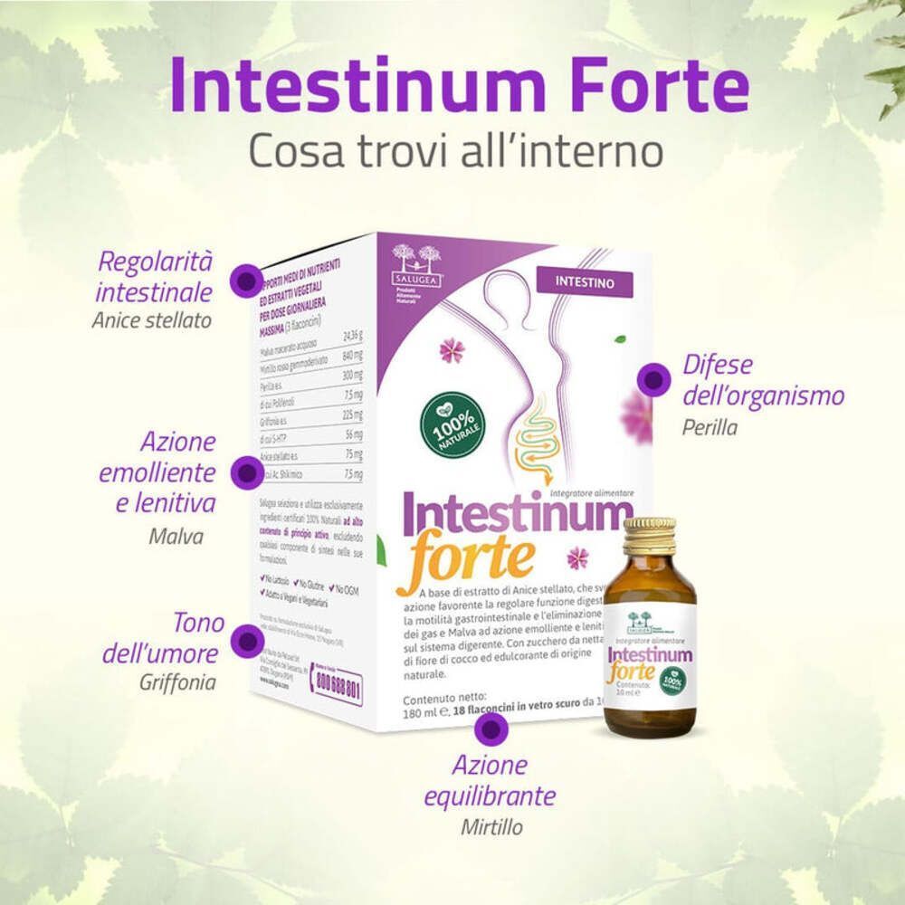 Intestinum Forte: confezione e flaconcino con spiegazioni sugli ingredienti.