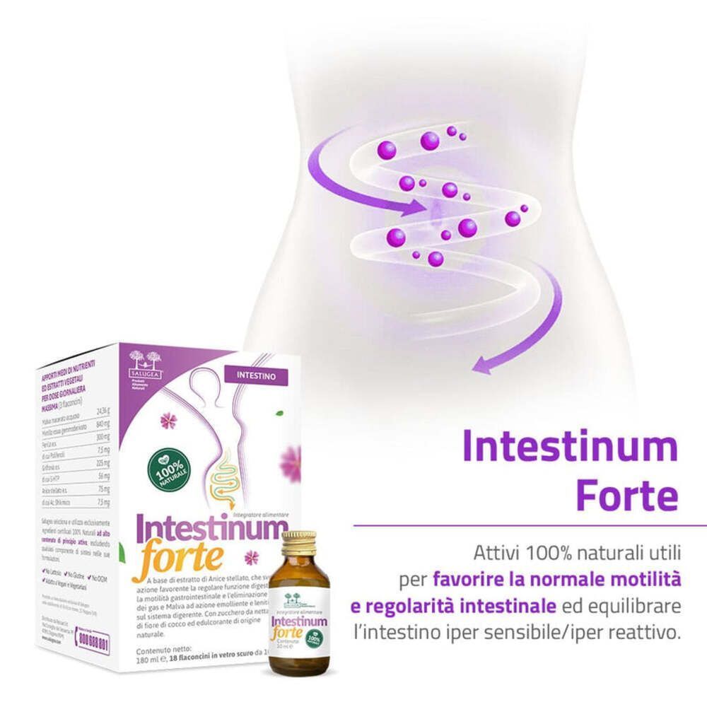 Intestinum Forte: confezione, flaconcino e rappresentazione schematica dell'intestino.