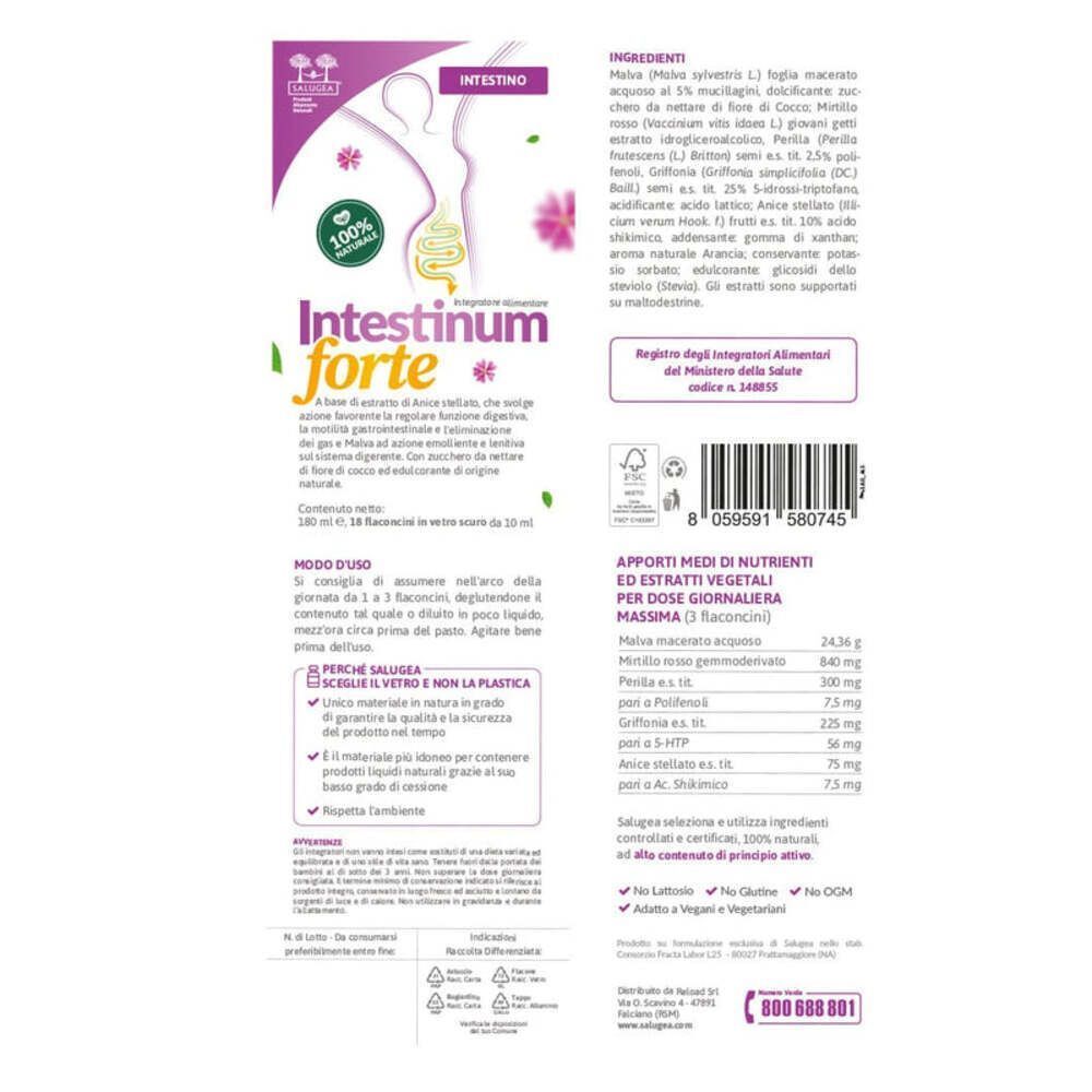 Retro della confezione Intestinum Forte con ingredienti e istruzioni d'uso.
