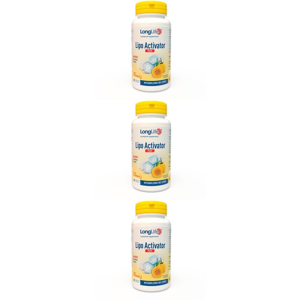 Tre flaconi di Longlife Lipo Activator Plus con tappi gialli. L'etichetta mostra un frutto e cubetti di ghiaccio.