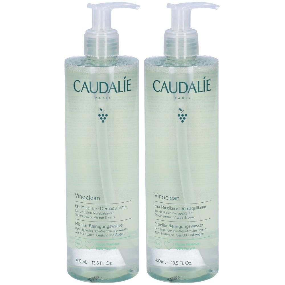 Due flaconi di acqua micellare struccante Caudalie Vinoclean con dispenser a pompa.