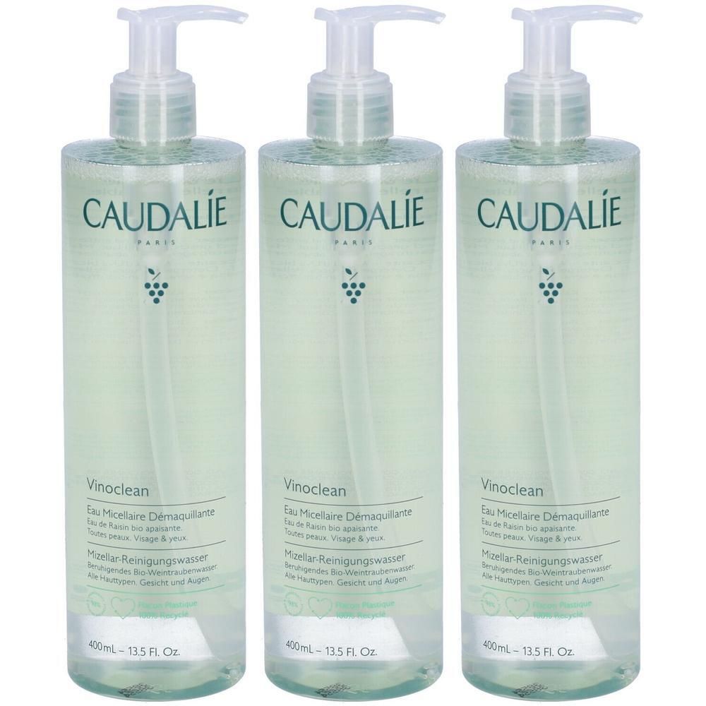 Tre flaconi Caudalie Vinoclean Acqua Micellare con dispenser a pompa.
