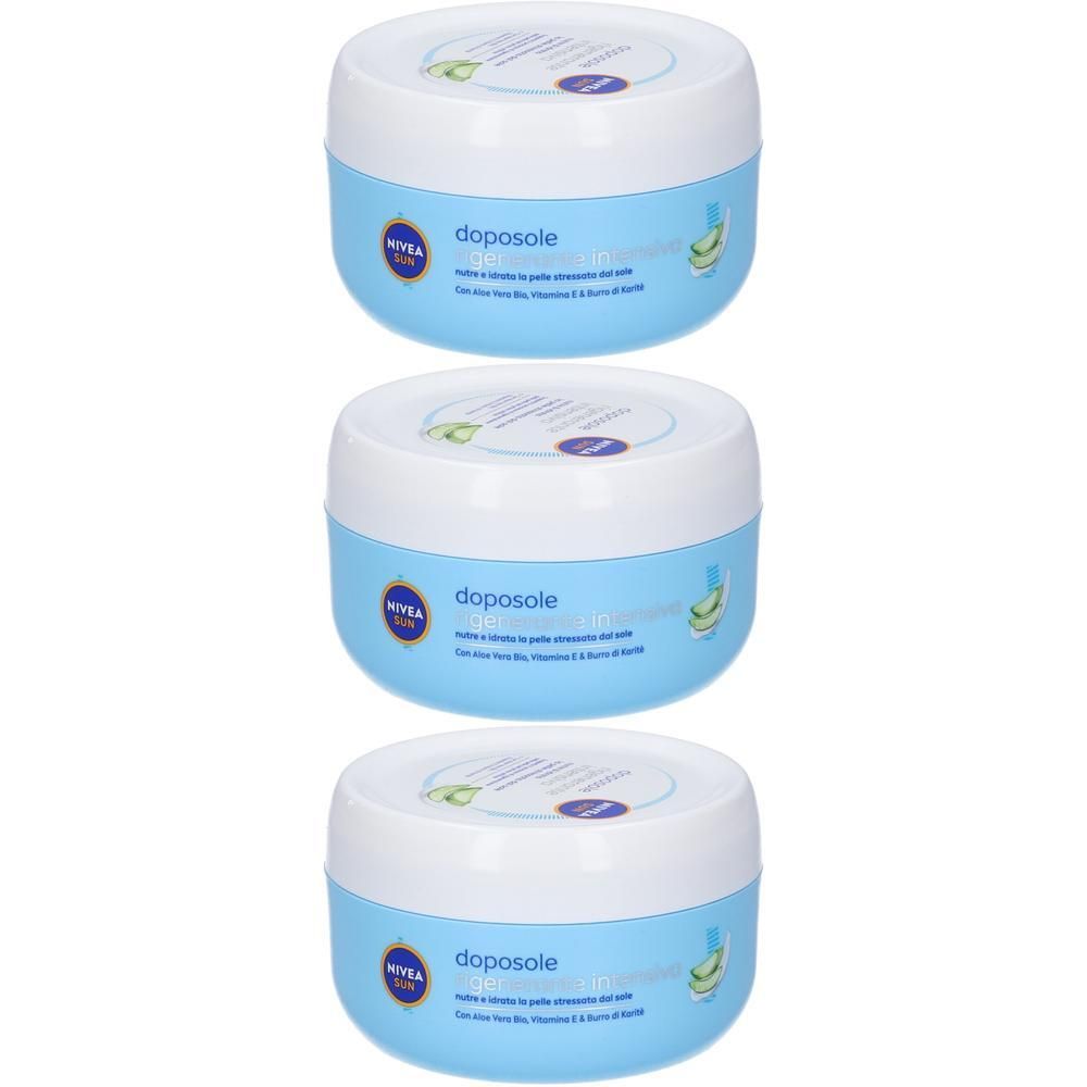 Tre barattoli di crema doposole Nivea Sun con etichetta blu e coperchio bianco.