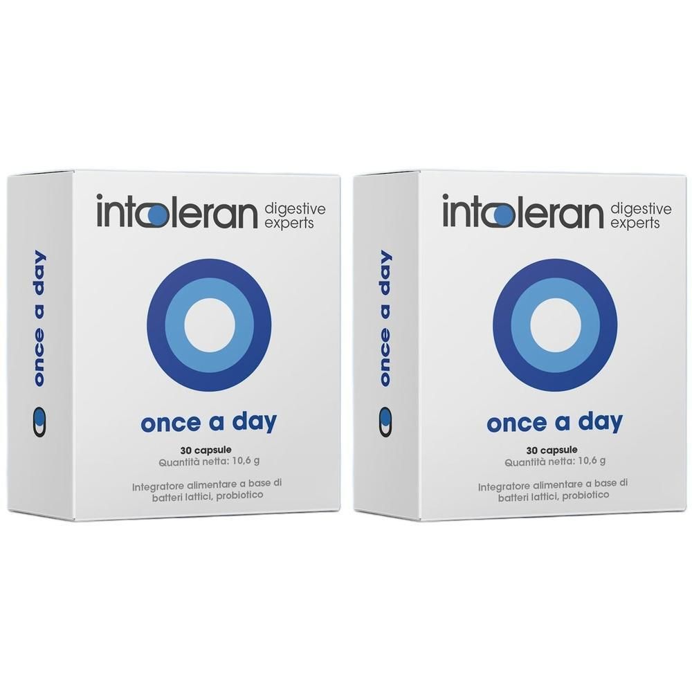 Due confezioni di capsule Intoleran Once-a-day con logo cerchio blu e testo.