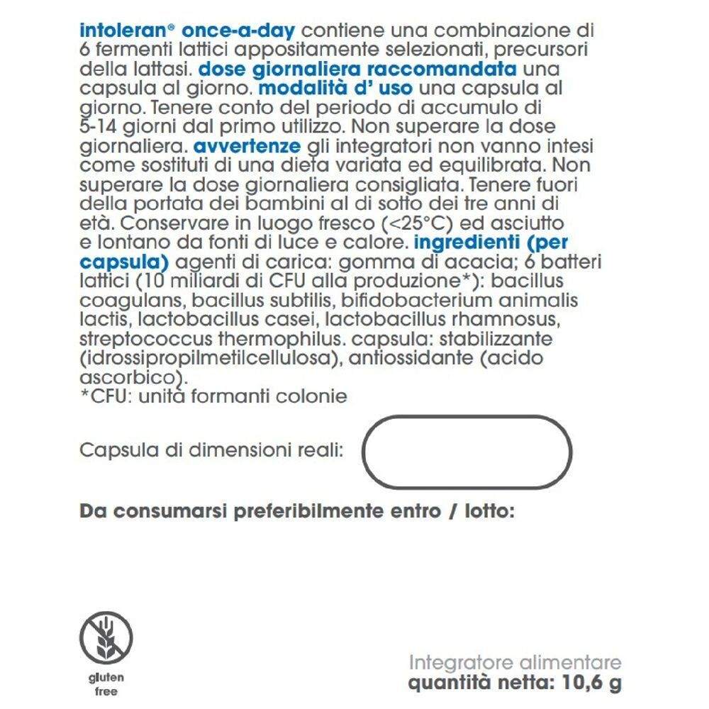 Retro di una confezione Intoleran con informazioni sul prodotto, ingredienti e sigillo senza glutine.
