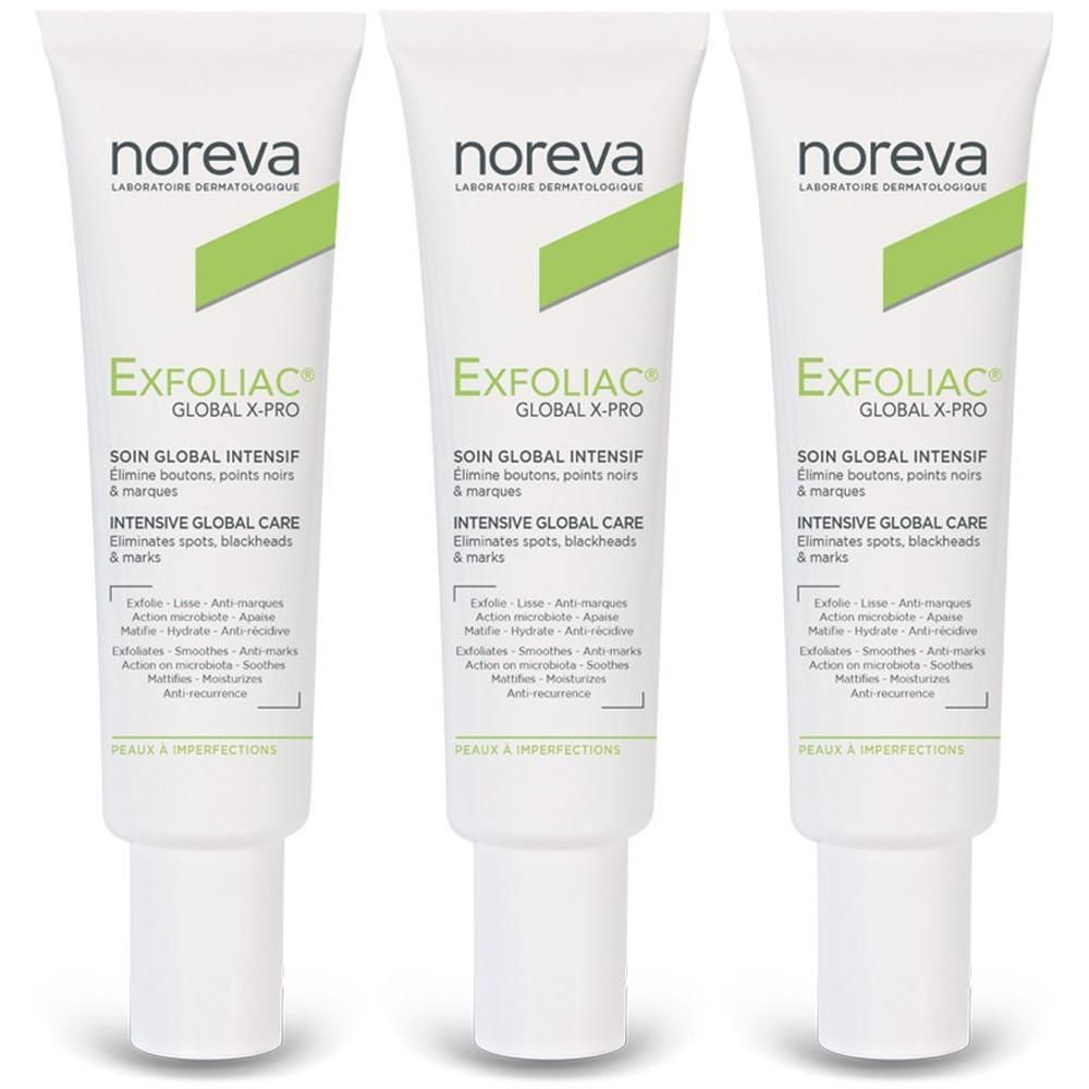 Tre tubi Noreva Exfoliac Global X-PRO. Cura globale intensiva per pelli impure.