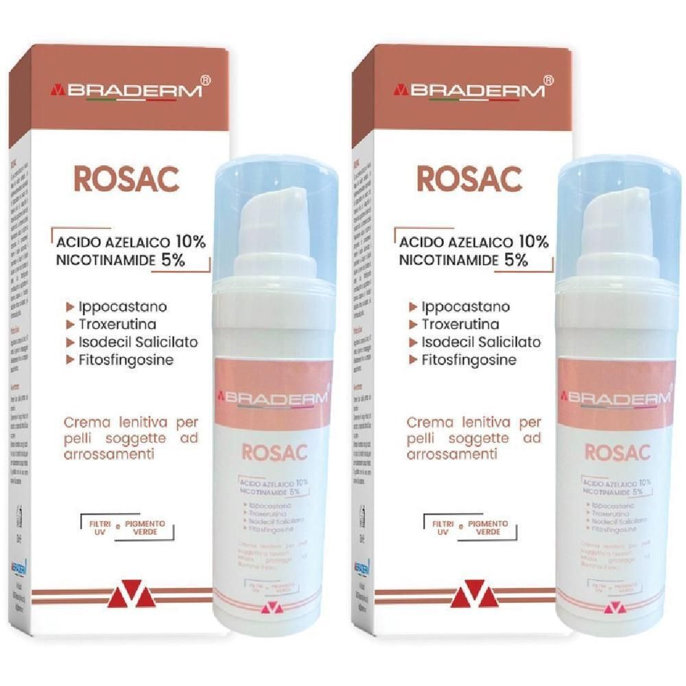 Due flaconi di crema Braderm Rosac con dispenser a pompa. La confezione riporta "Acido Azelaico 10% Nicotinamide 5%".