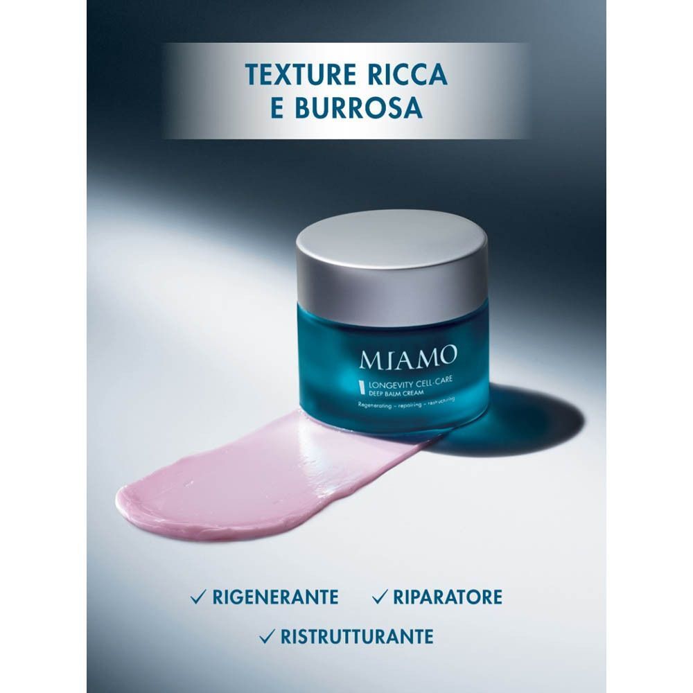 Vasetto MIAMO Longevity Cell-Care Deep Balm Cream con una campitura di crema rosa.