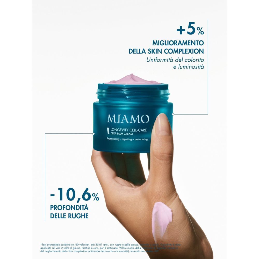 Mano che tiene un vasetto MIAMO Longevity Cell-Care Deep Balm Cream con crema.