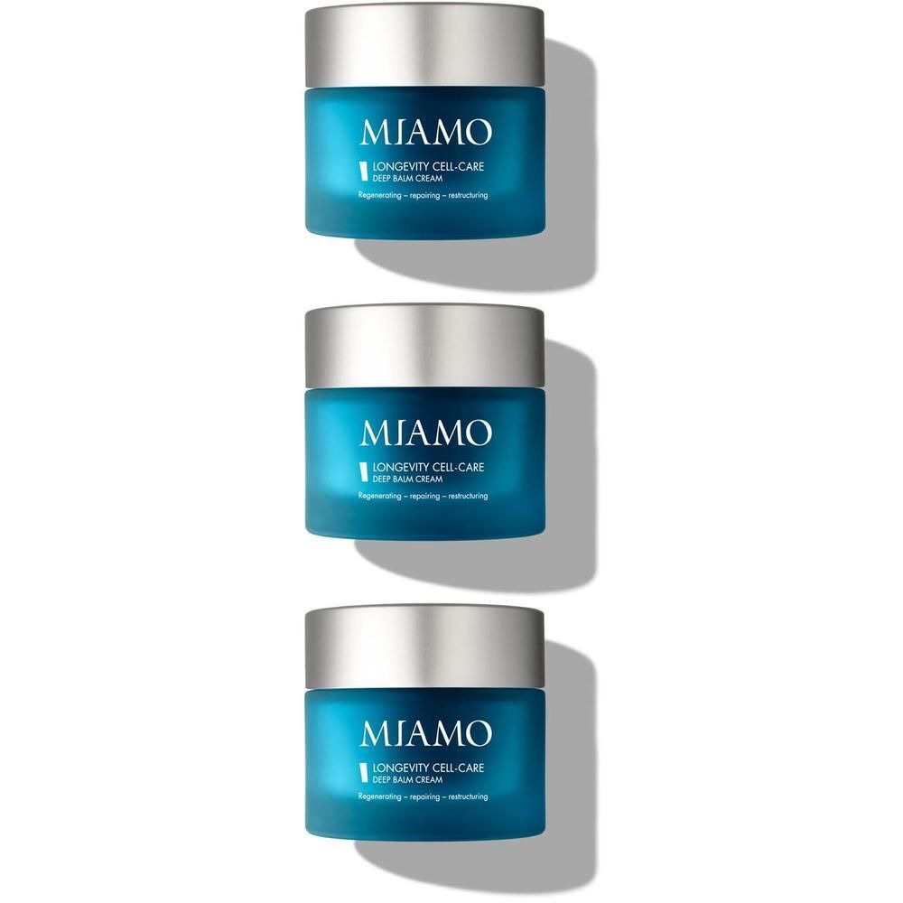 Tre vasetti di crema MIAMO Longevity Cell Care Deep Balm.
