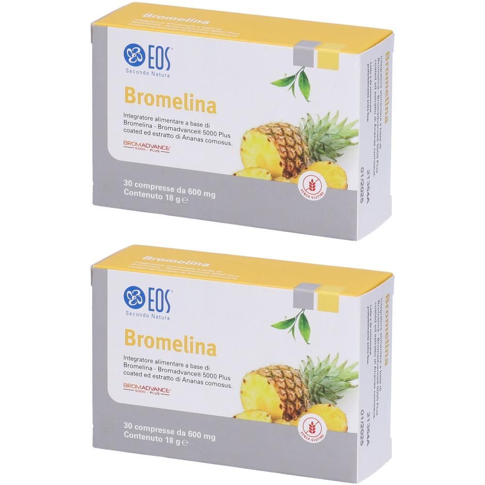 Due confezioni di EOS Bromelina, integratore alimentare a base di ananas.