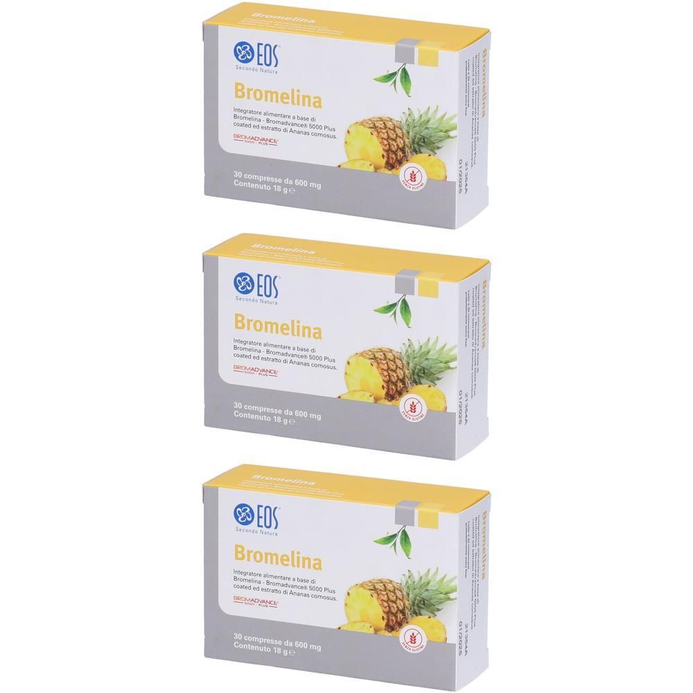Tre scatole di EOS Bromelina con illustrazione di ananas. Ogni scatola contiene 30 compresse da 400 mg.
