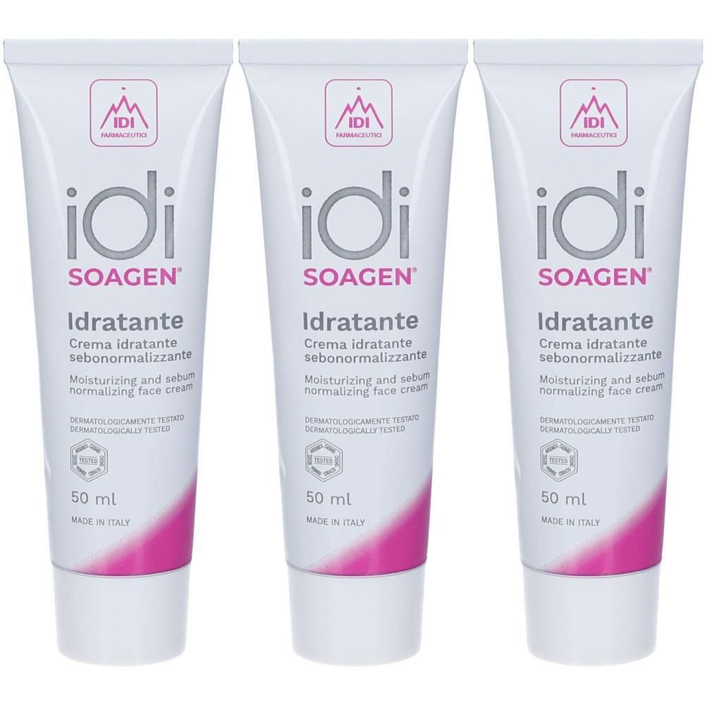 Tre tubi di crema viso Soagen Idratante, 50 ml ciascuno.