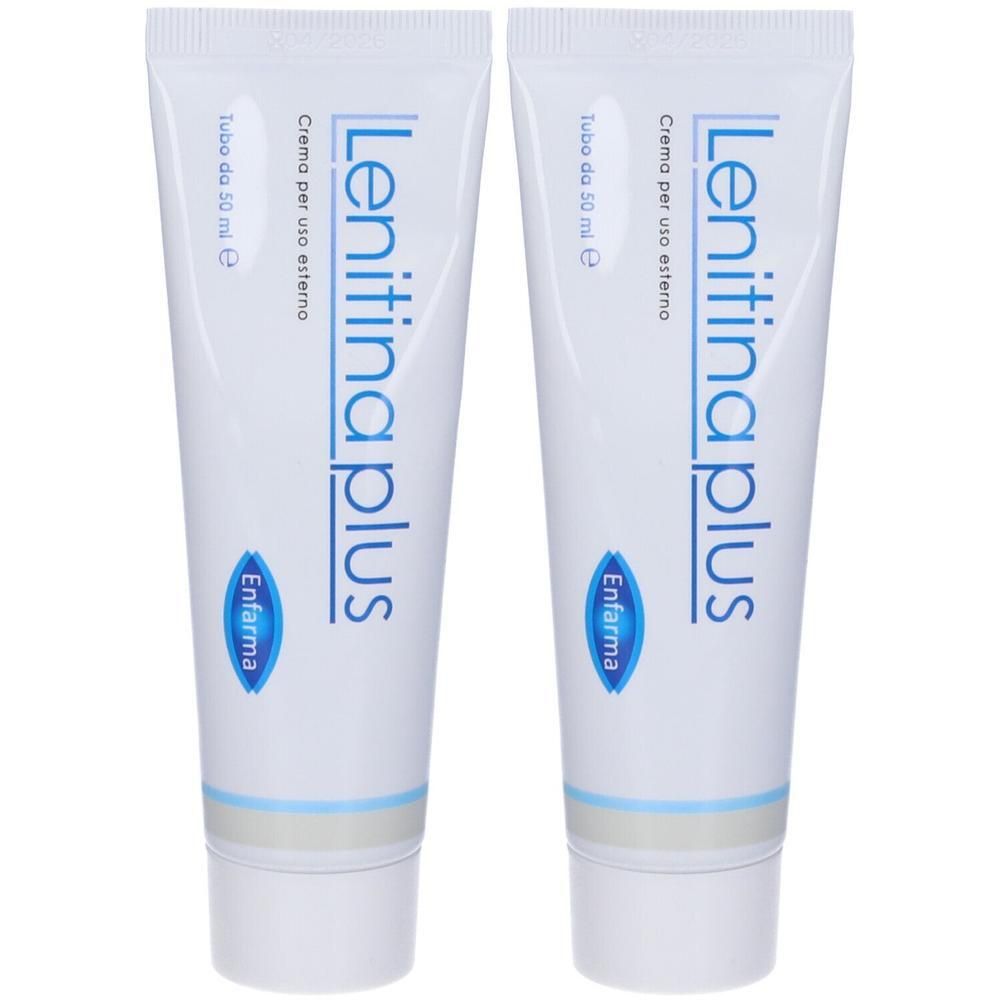 Due tubi bianchi di crema Lenitina Plus per uso esterno.