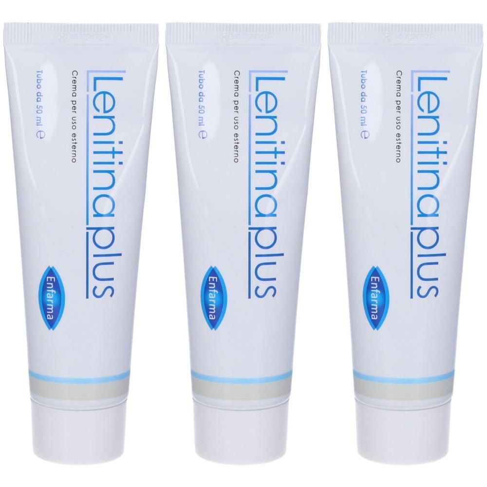 Tre tubetti bianchi con scritta "Lenitina plus" e "Enfarma".