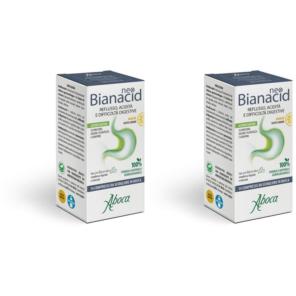 Due confezioni di Neobianacid gusto limone, 14 compresse per confezione.