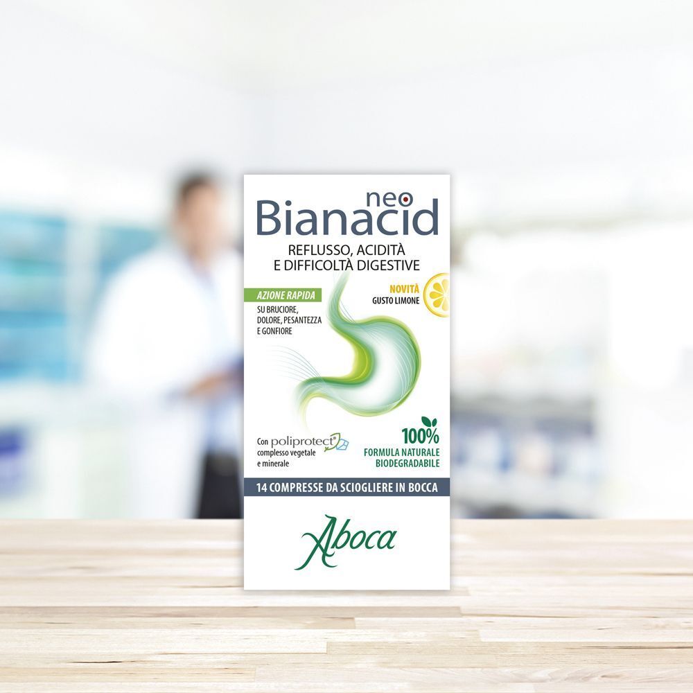Confezione di Neobianacid gusto limone, 14 compresse da sciogliere in bocca.