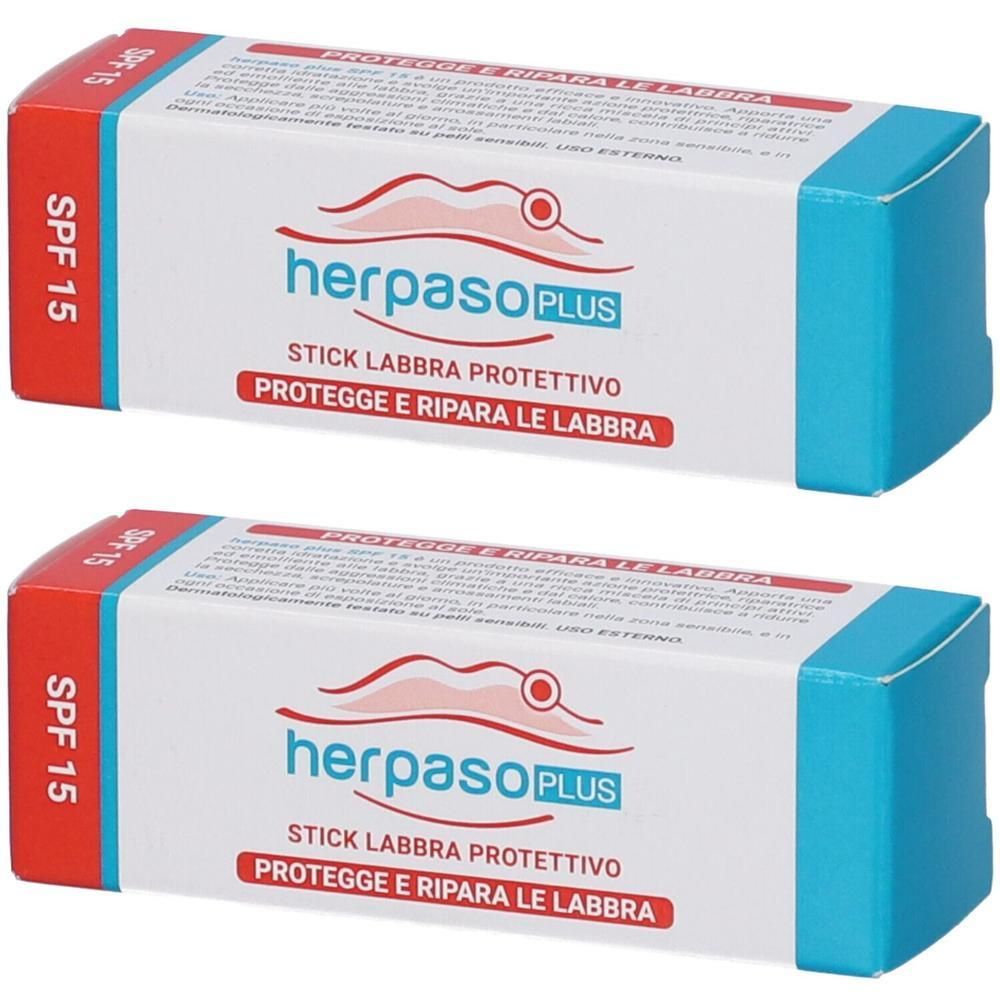 Due confezioni di stick labbra protettivo Herpaso Plus SPF 15. Protegge e ripara le labbra.