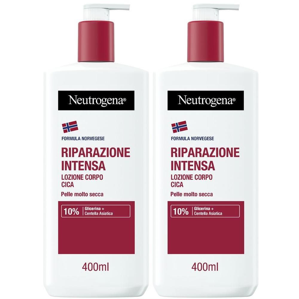 Due flaconi pompa bianchi di crema corpo Neutrogena, 400ml.