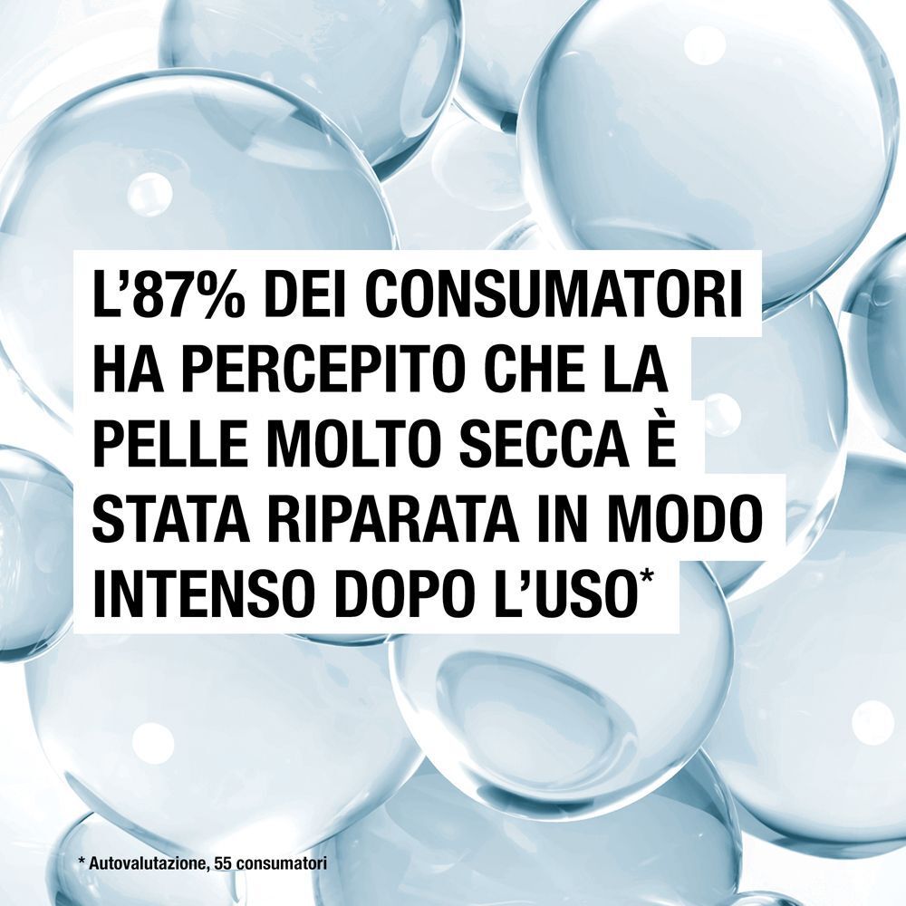 Grandi bolle e testo sulla riparazione della pelle molto secca dopo l'uso.