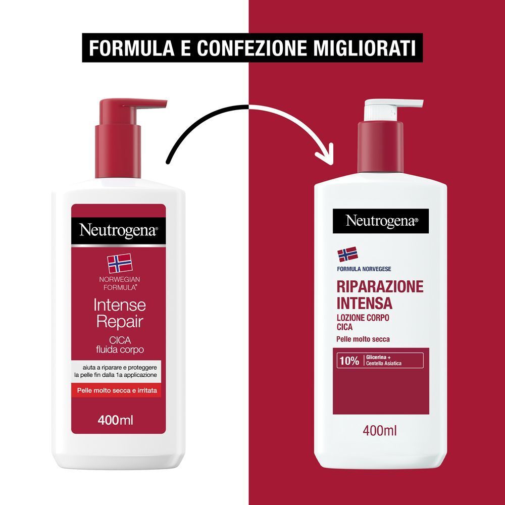 Confronto tra due flaconi di Lozione Neutrogena Intense Repair Cica, formula migliorata.