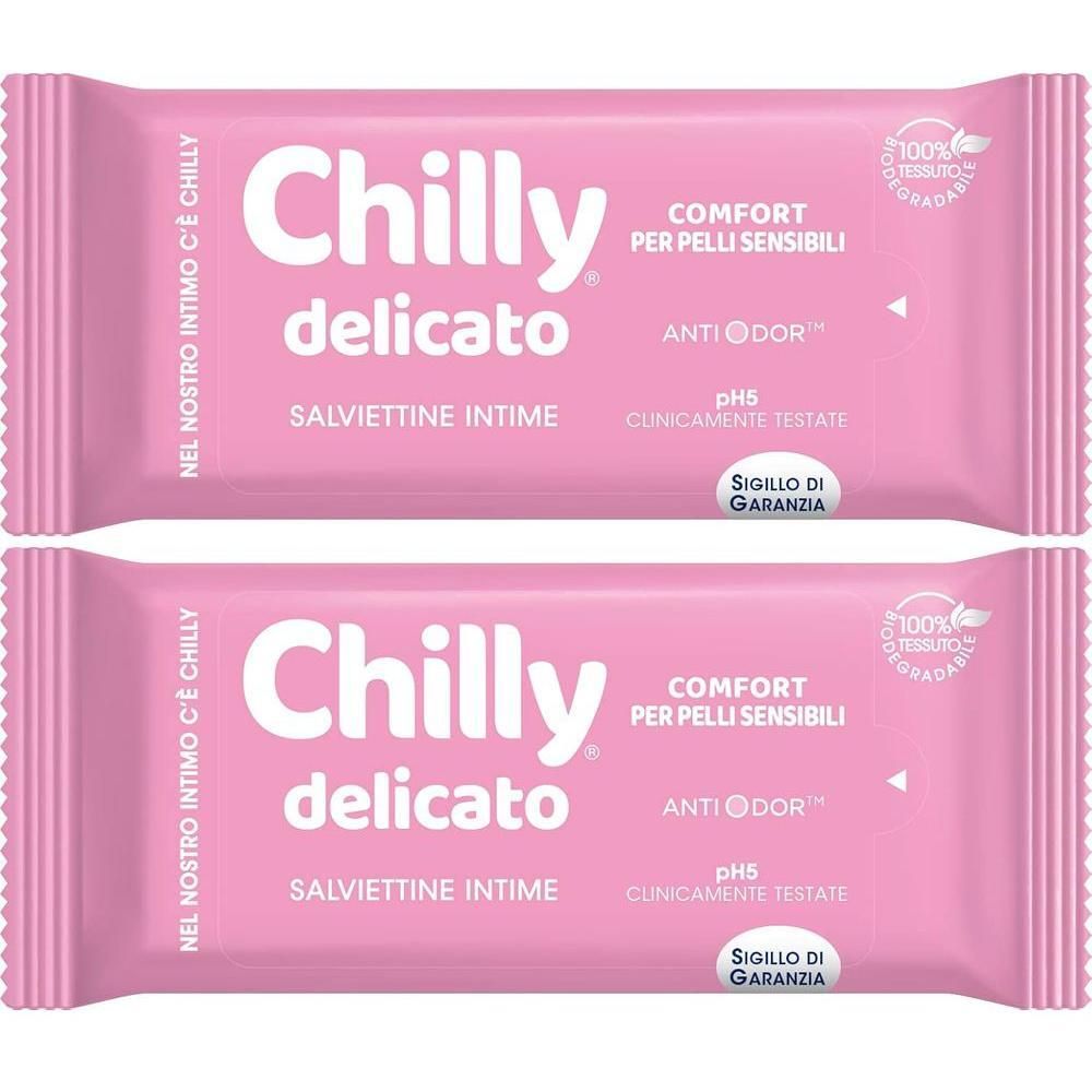 Due confezioni di salviettine intime Chilly Salviettine Intime Delicato per pelli sensibili.