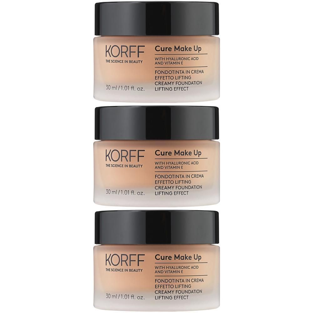 Tre fondotinta cremosi KORFF Cure Make Up con acido ialuronico e vitamina E, 30 ml.