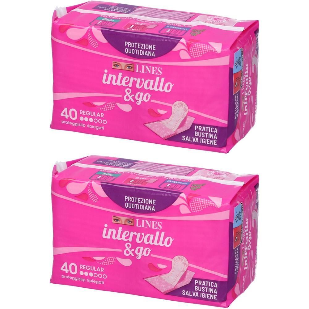 Due confezioni di LINES Intervallo & go, 40 proteggi slip Regular per confezione.