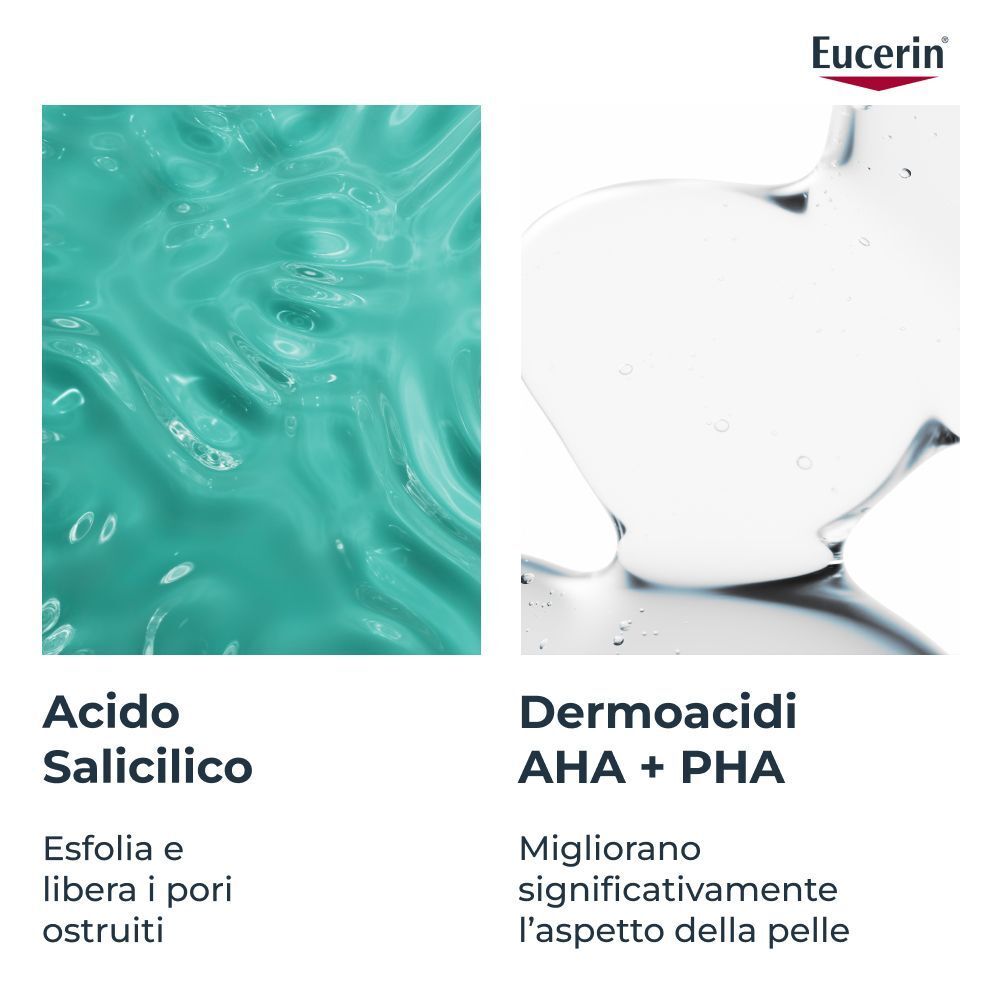 Texture di acido salicilico e dermoacidi AHA+PHA in Eucerin Dermopure.