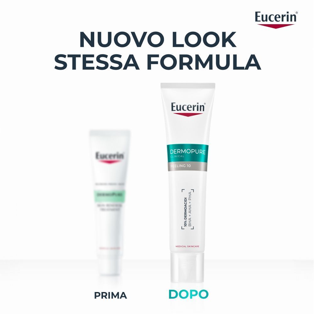 Aggiornamento packaging: Eucerin Dermopure Peeling 10, prima e dopo.
