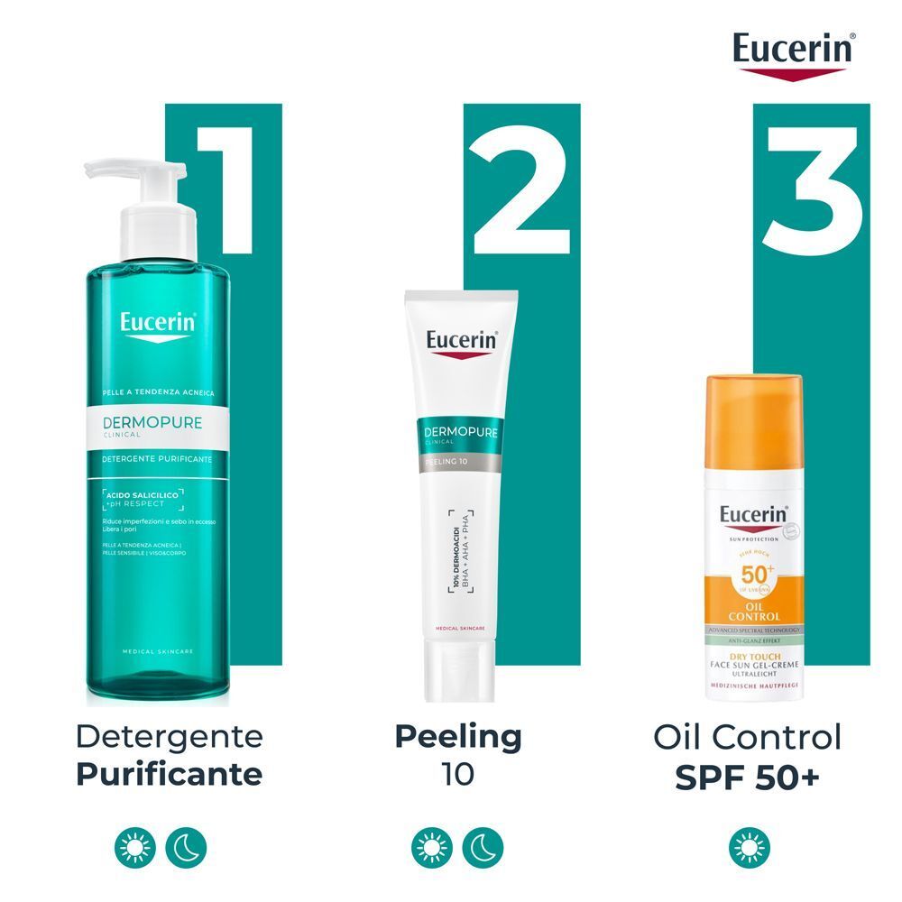Routine Eucerin Dermopure: Detergente, Peeling 10, Oil Control SPF 50+.