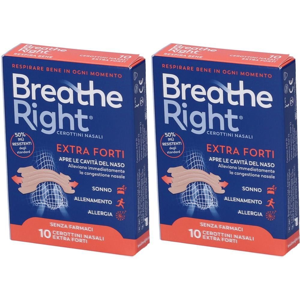 Due confezioni di cerotti nasali Breathe Right, Extra Forti, 10 pezzi per confezione.