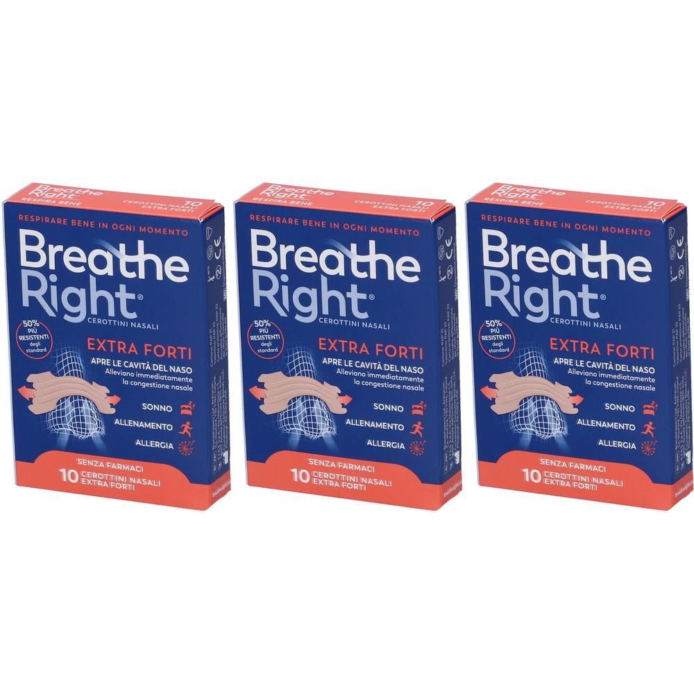 Tre confezioni di cerotti nasali Breathe Right Extra Forti. Ogni confezione contiene 10 cerotti.