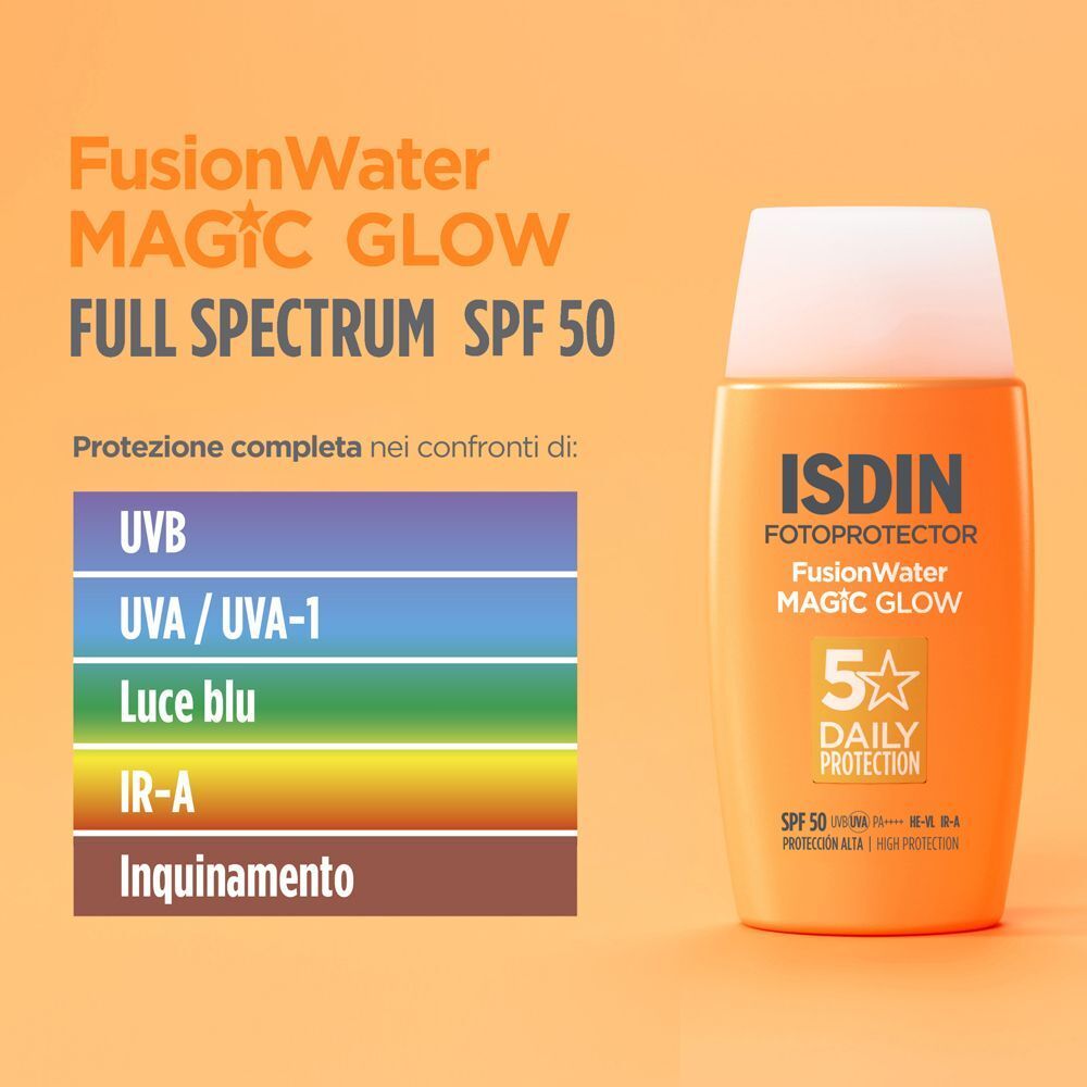 Flacone ISDIN Fotoprotector Fusion Water Magic Glow SPF50 e protezione.