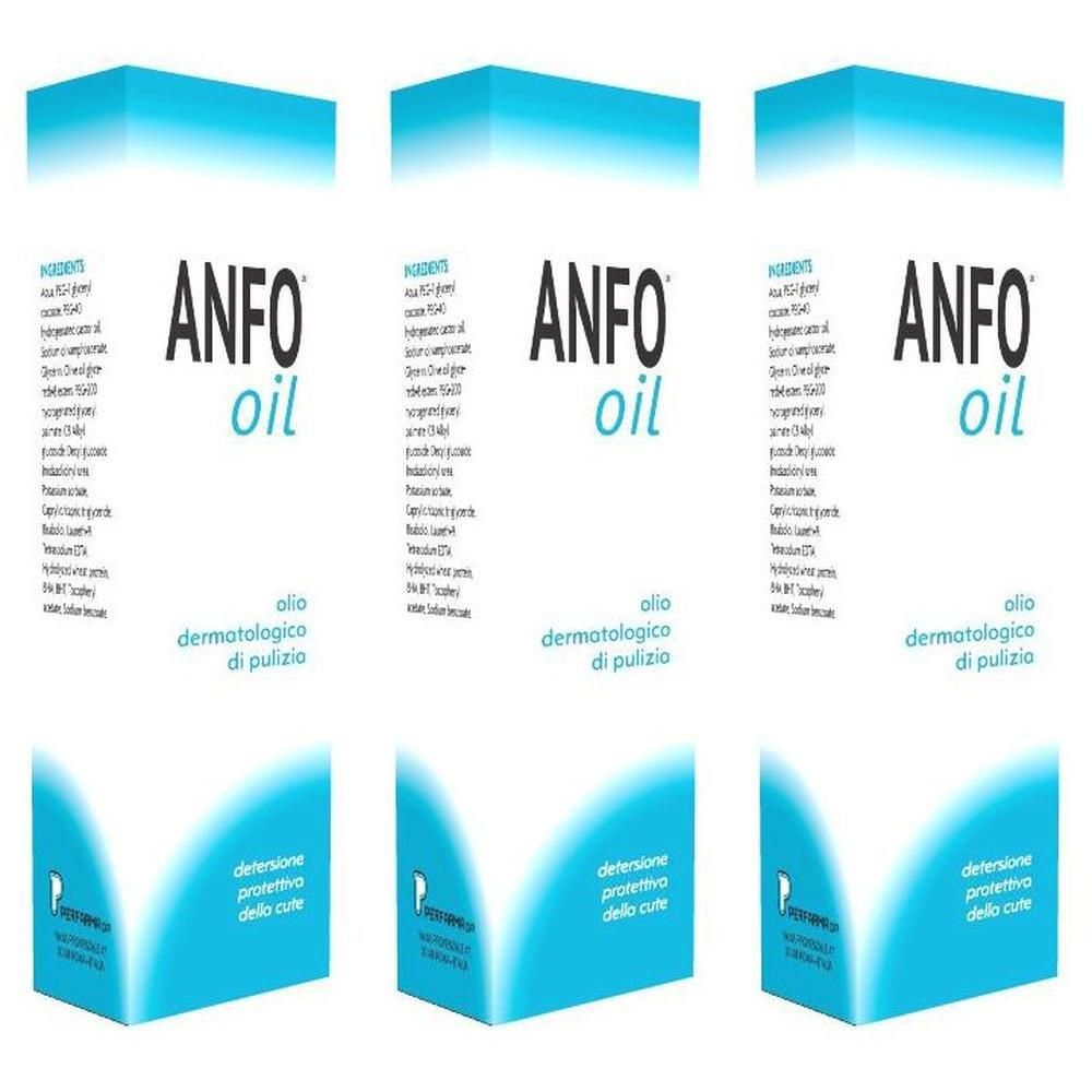 Tre confezioni di Anfo Oil, olio dermatologico di pulizia.