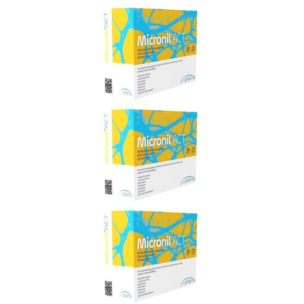 Tre confezioni di Micronil Act con design giallo-blu e motivo a rete.