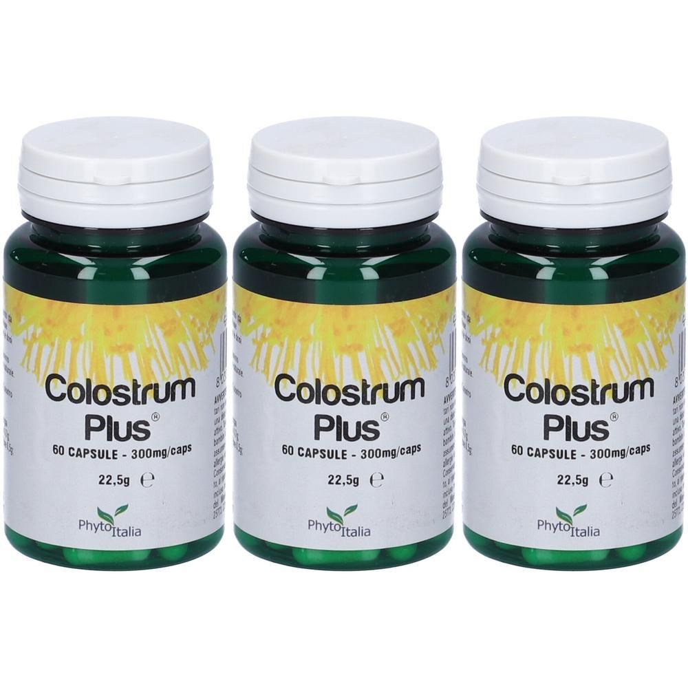 Tre flaconi di Colostrum Plus, 60 capsule da 300mg ciascuna, 22,5g. PhytoItalia.