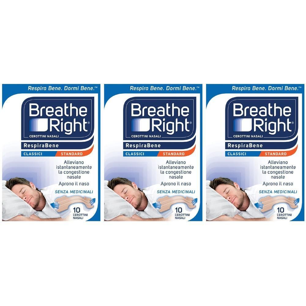 Tre confezioni di cerotti nasali Breathe Right, Standard Classici. Mostrano un uomo che dorme.