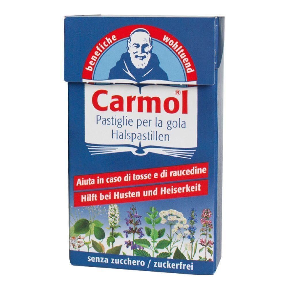 Scatola di caramelle Carmol con erbe e figura di monaco. Senza zucchero.