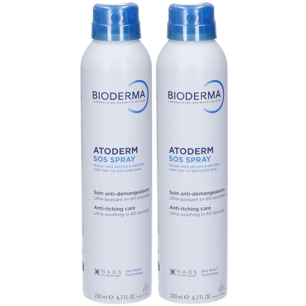 Due flaconi spray BIODERMA Atoderm SOS con erogatore blu. Cura anti-prurito.