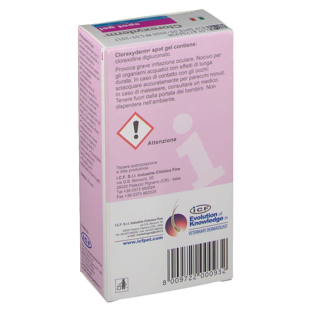 Una confezione di Clorexyderm Spot Gel per animali, 100 ml.