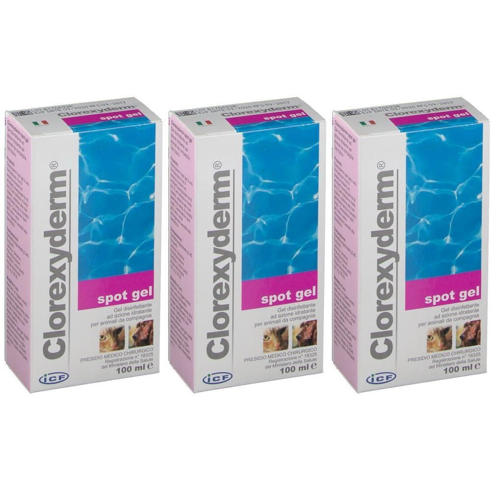 Tre confezioni di Clorexyderm Spot Gel, 100 ml ciascuna.