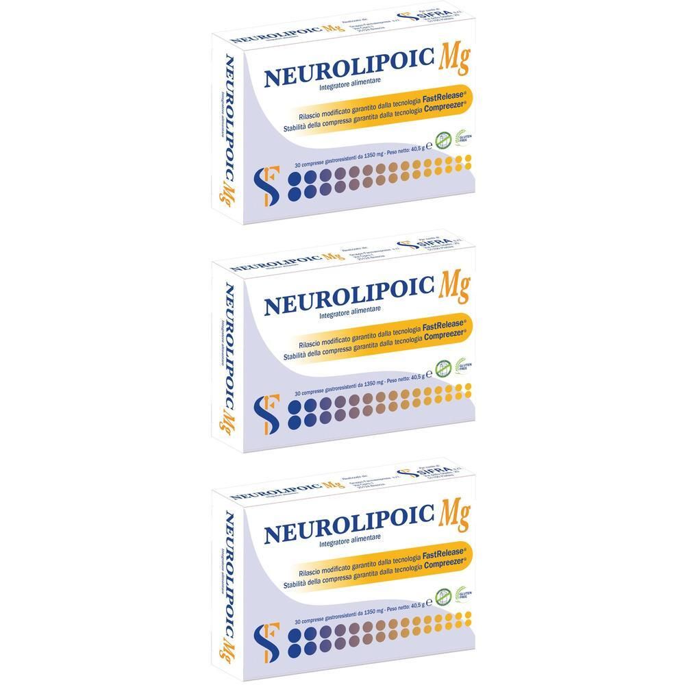 Tre confezioni di Neurolipoic Mg, integratore alimentare, 30 compresse per confezione.