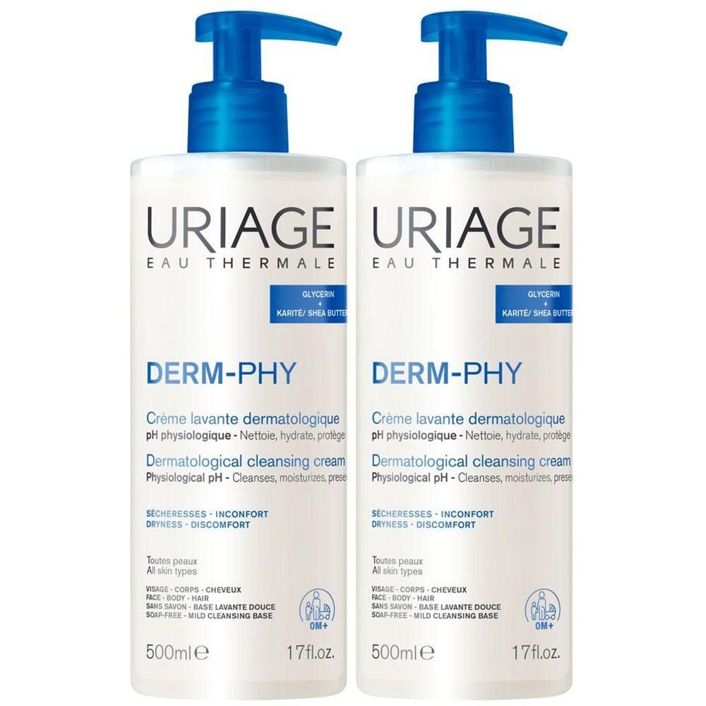 Due flaconi Uriage Derm-Phy crema lavante dermatologica con pompe. 500ml.