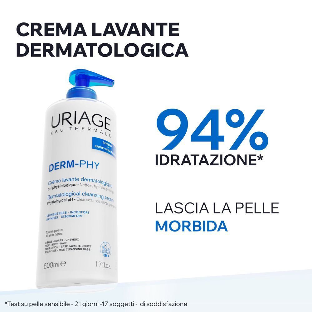 Uriage Derm-Phy crema lavante dermatologica, 500ml. 94% idratazione, lascia la pelle morbida.