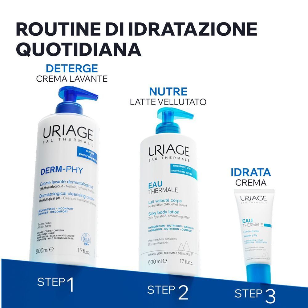 Routine idratazione quotidiana Uriage: crema lavante, latte corpo, crema idratante.